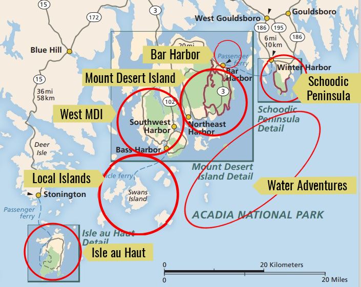 map of 7 sections of acadia national park
