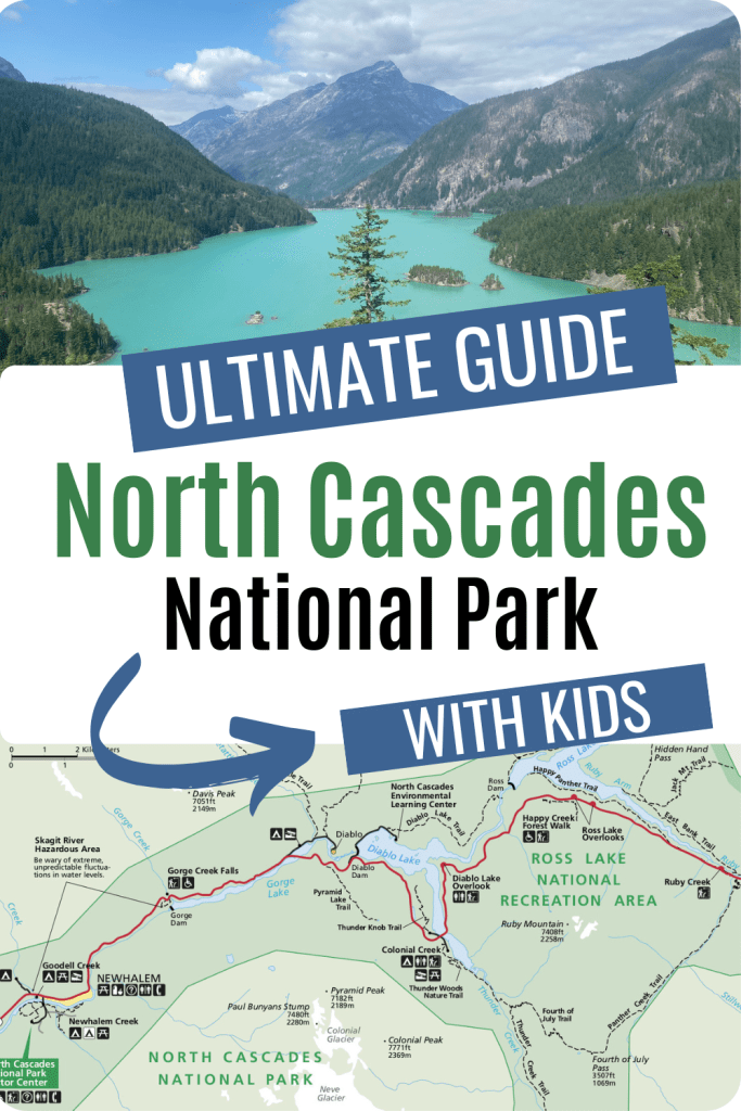 Pinterest pin with Diablo Lake and map of Highway 20