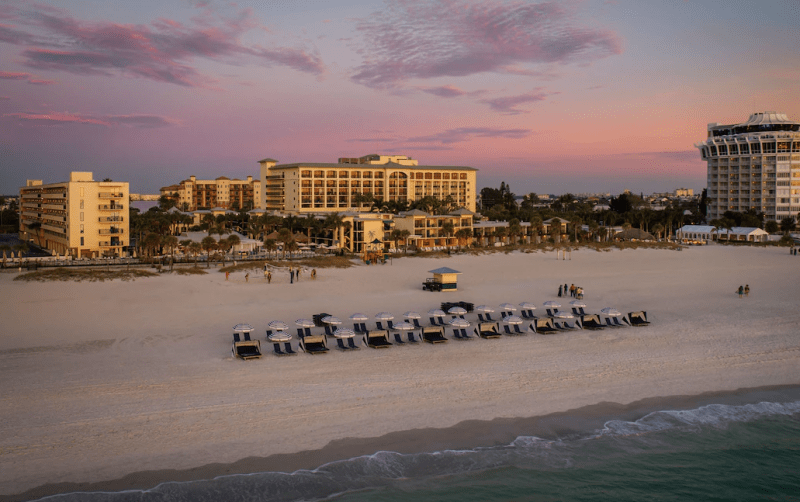 Sirata Beach Resort’s picturesque location on St. Pete Beach with soft sands and calm Gulf waters perfect for family vacations.